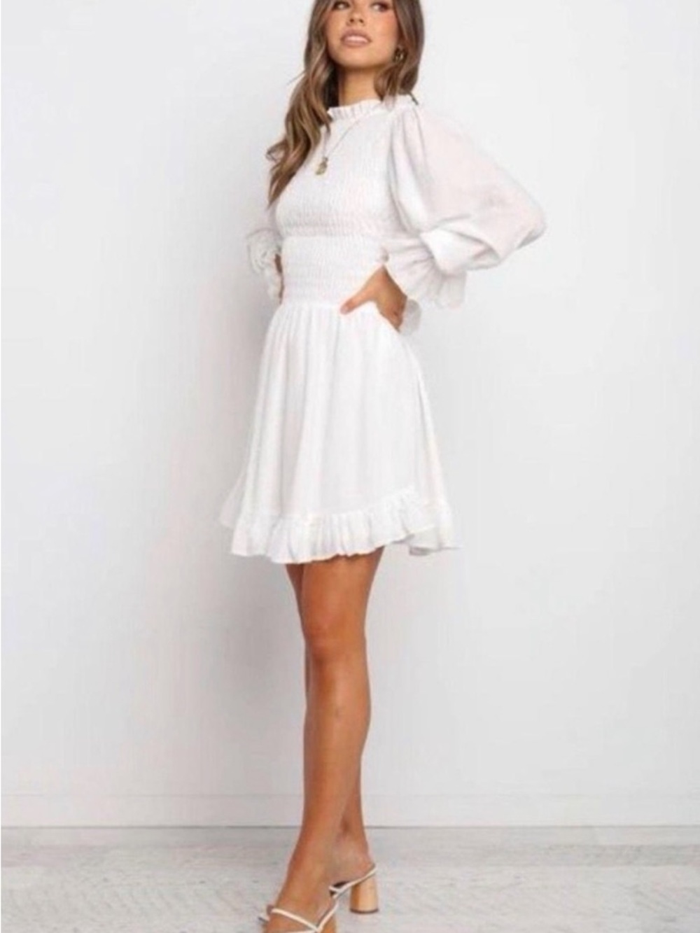 Petal + Pup Size 4 White Long Sleeve Smocked Mini Dress
